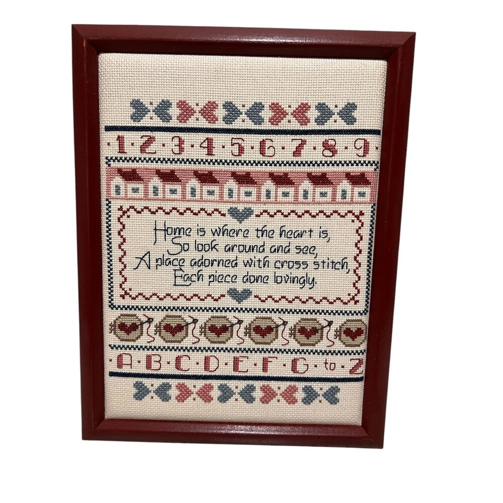 Handmade Cross Stitch Sampler Wall Art in Red and Cream